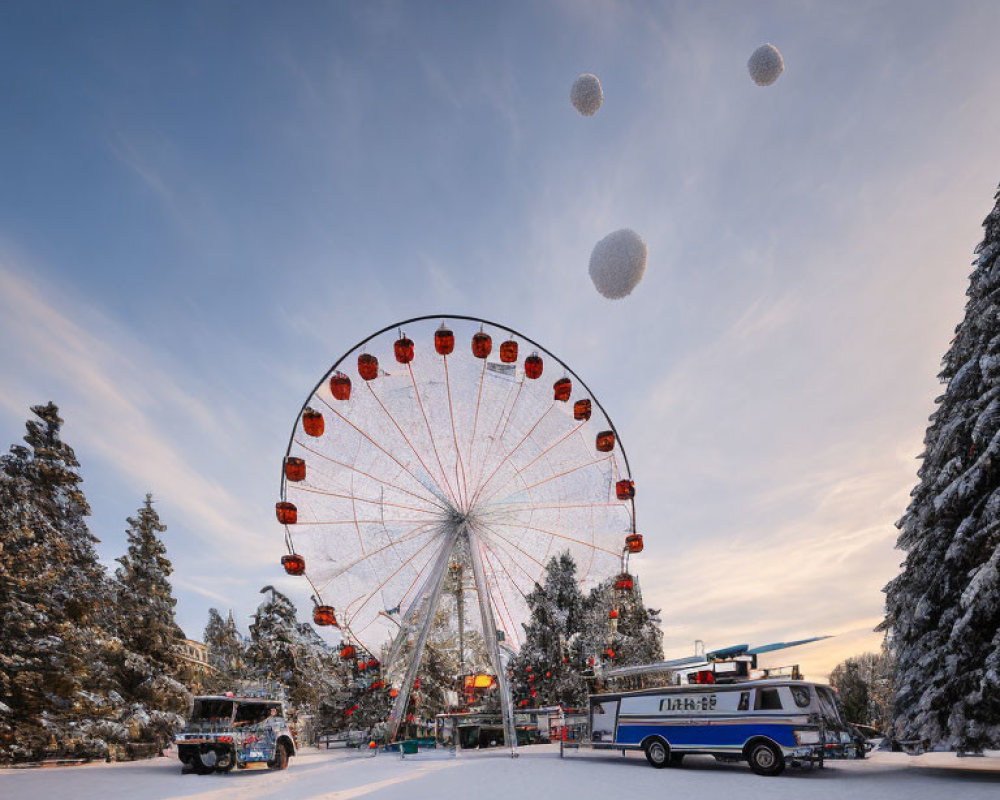 Snowy Winter Ferris Wheel Scene with Red Cabins, Police Car, and SUV