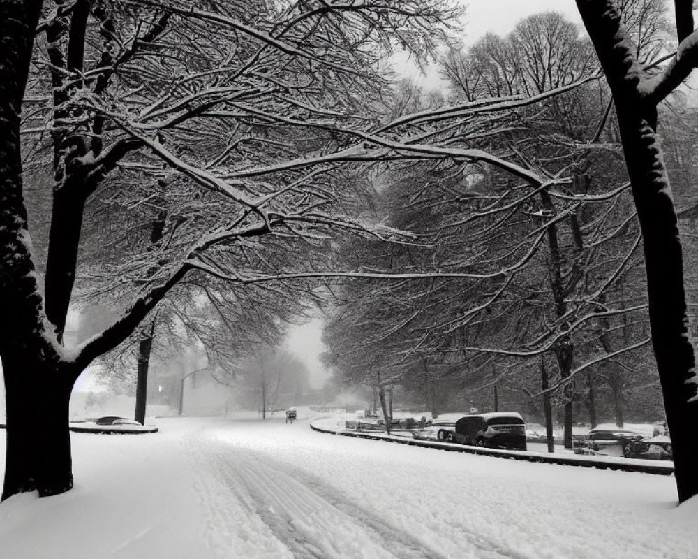 Snowy Street Scene with Bare Trees and Tire Tracks