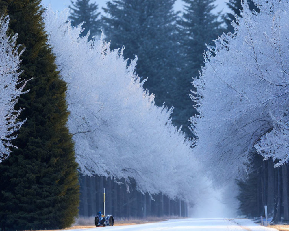 Snow-covered Road with Frosty Trees and Lone Vehicle in Wintry Landscape