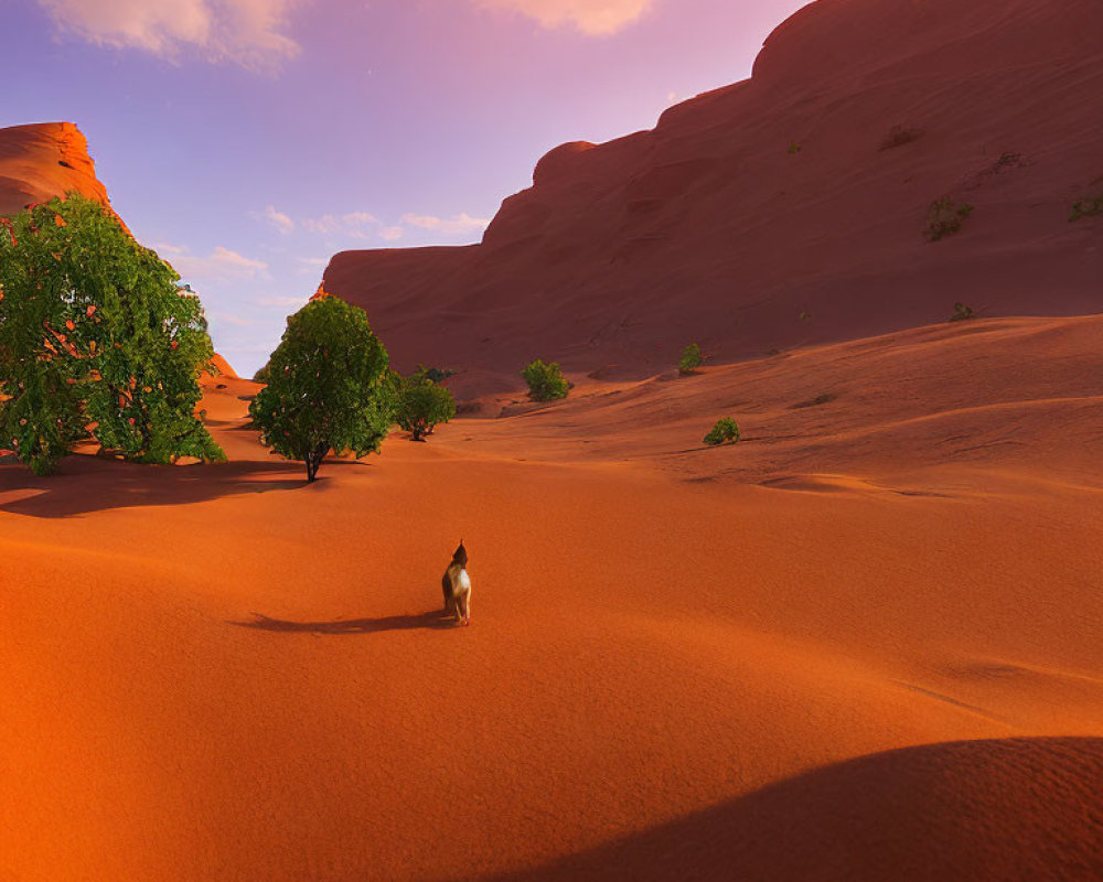 Cat sitting on red sand dunes under blue sky