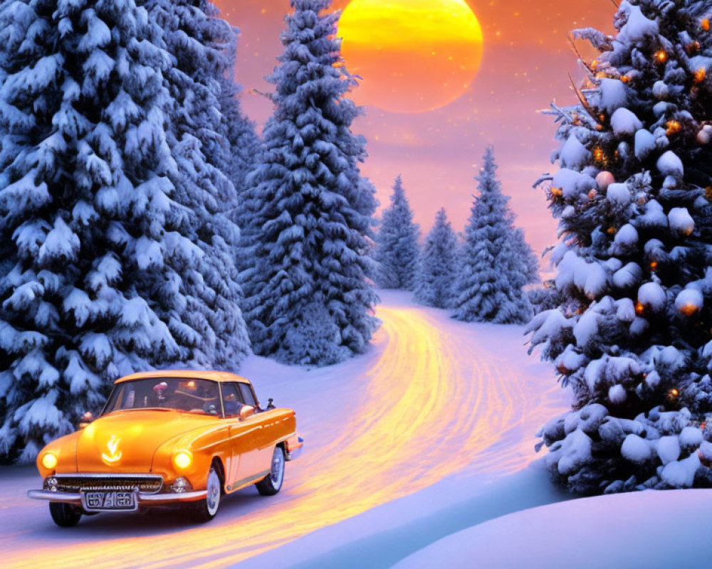 Vintage Orange Car Parked in Snowy Pine Forest at Twilight