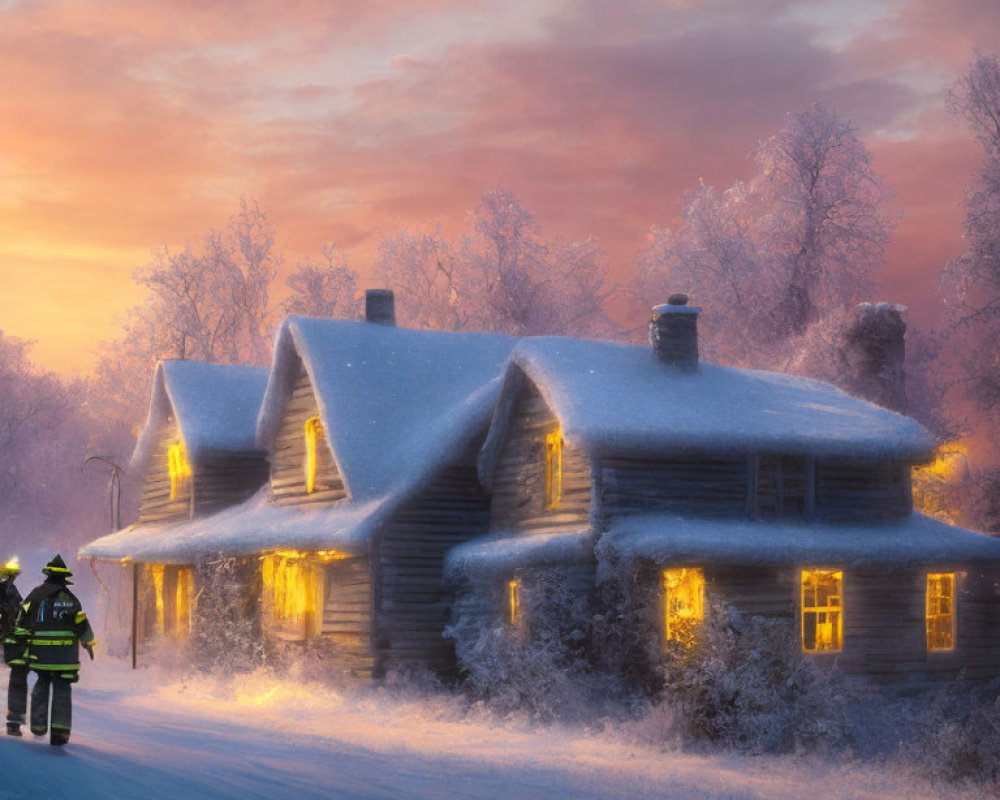 Firefighter in Snow-Covered Twilight Scene