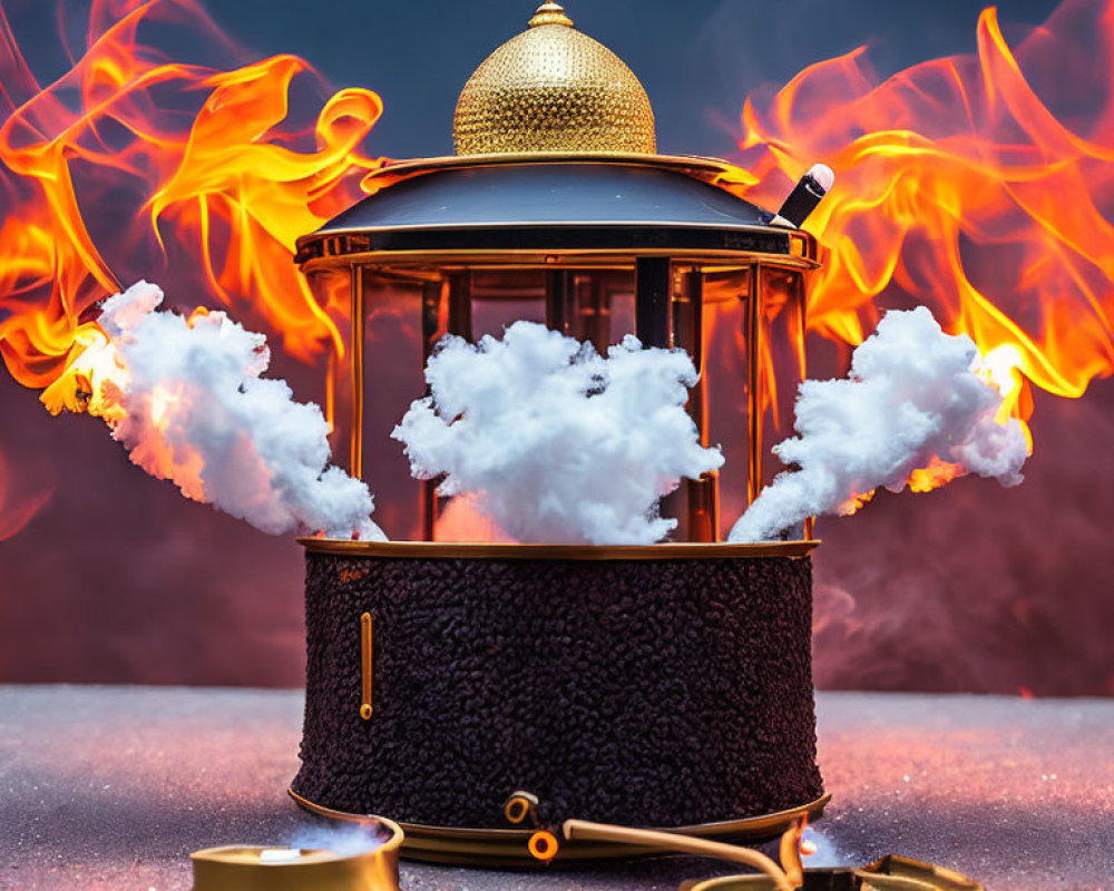 Golden lantern engulfed in orange flames on moody background with detached top