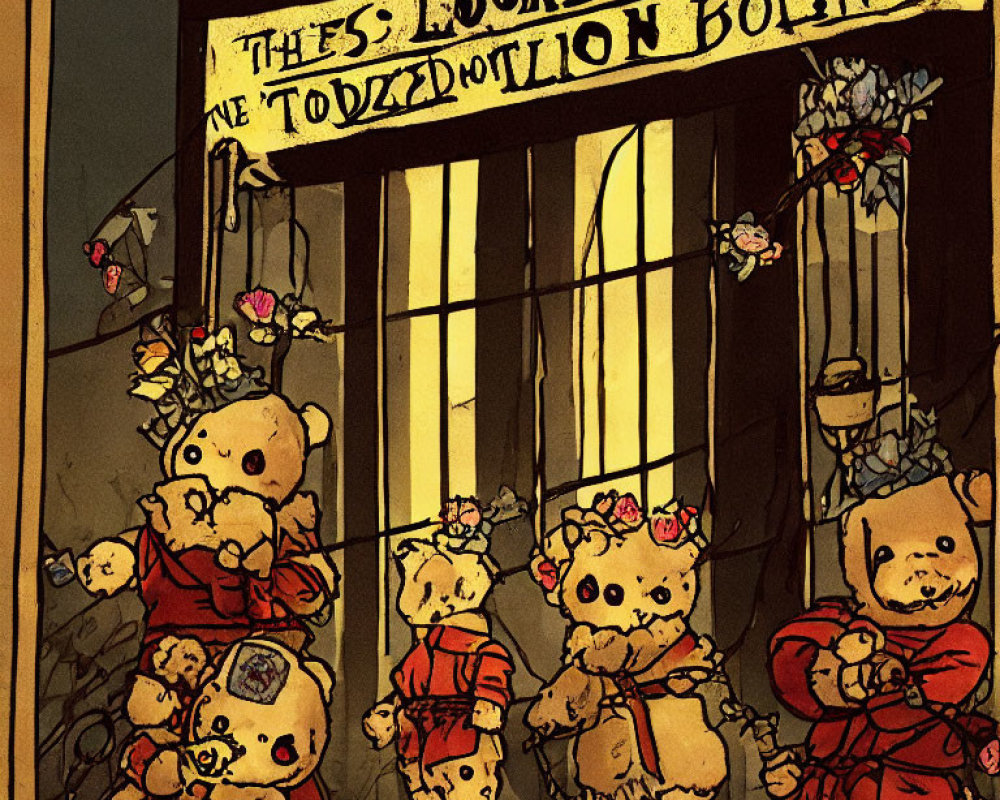 Anthropomorphic Teddy Bears in Vintage Attire Displayed in Toy Store Window