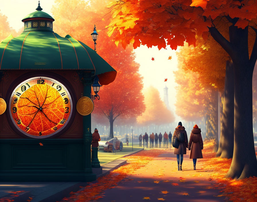 Ornate street clock with autumn leaf motif near tree-lined path