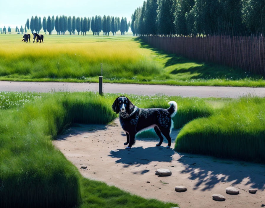 Dog on dirt path with horses and riders in the distance