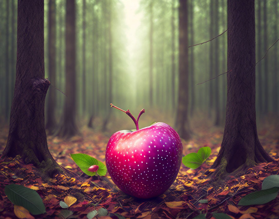 Large Vibrant Apple with Starry Texture in Forest Setting