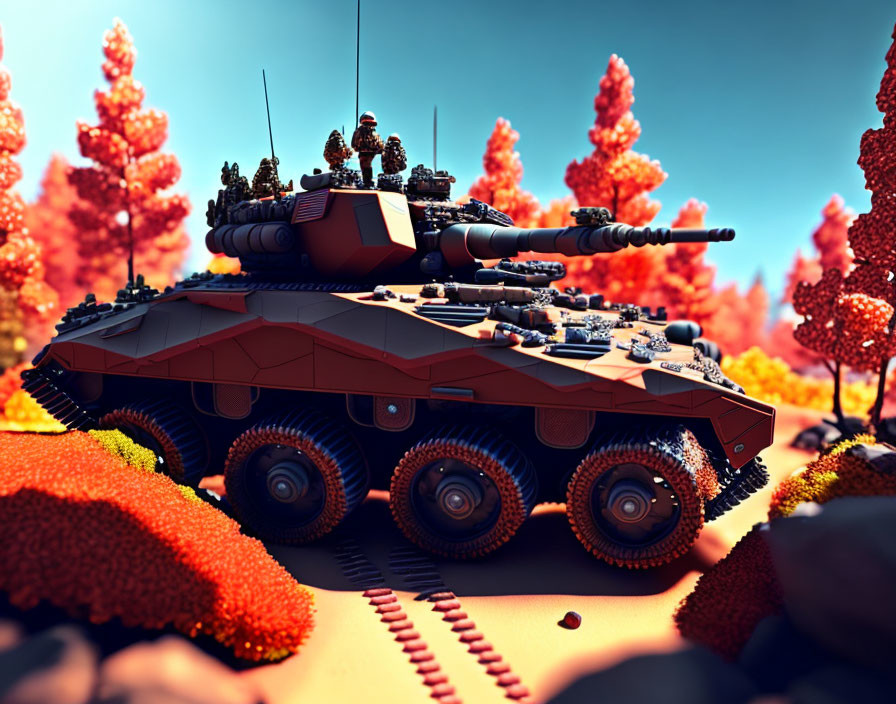 Armored military vehicle in autumn landscape with turret and antennae