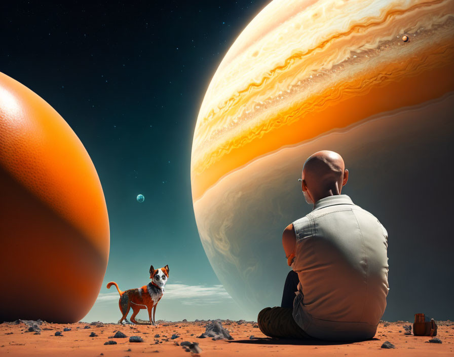 Person and dog on desert terrain under giant ringed planet in starry sky