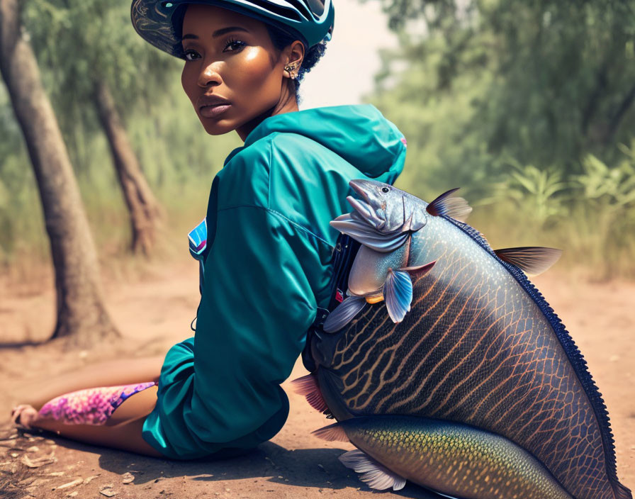 Woman in cycling outfit with oversized colorful fish in nature scene