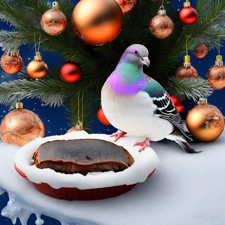 Pigeon beside pie under Christmas tree with red and gold baubles