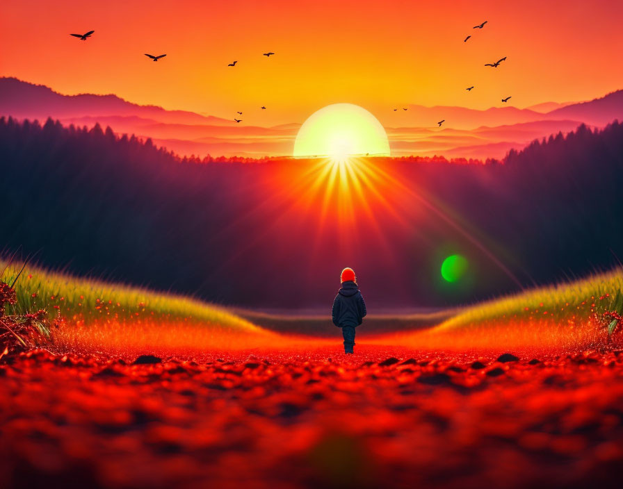 Child walking on path towards sunrise over mountain landscape with birds and field of flowers.