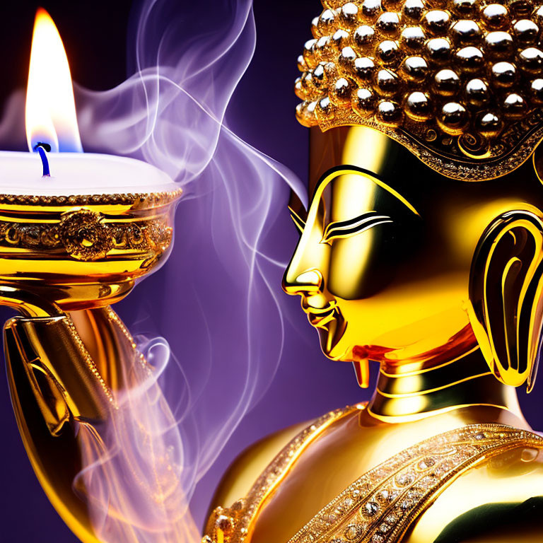 Serene Golden Buddha Statue with Candle on Purple Background