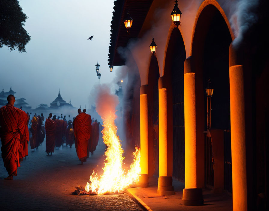 Monks in orange robes walking past columns at dusk with smoke, fire, and birds.