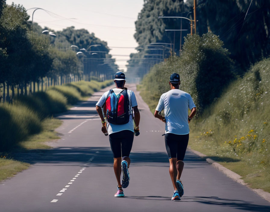 Two joggers on tree-lined path with red backpack and caps on sunny day