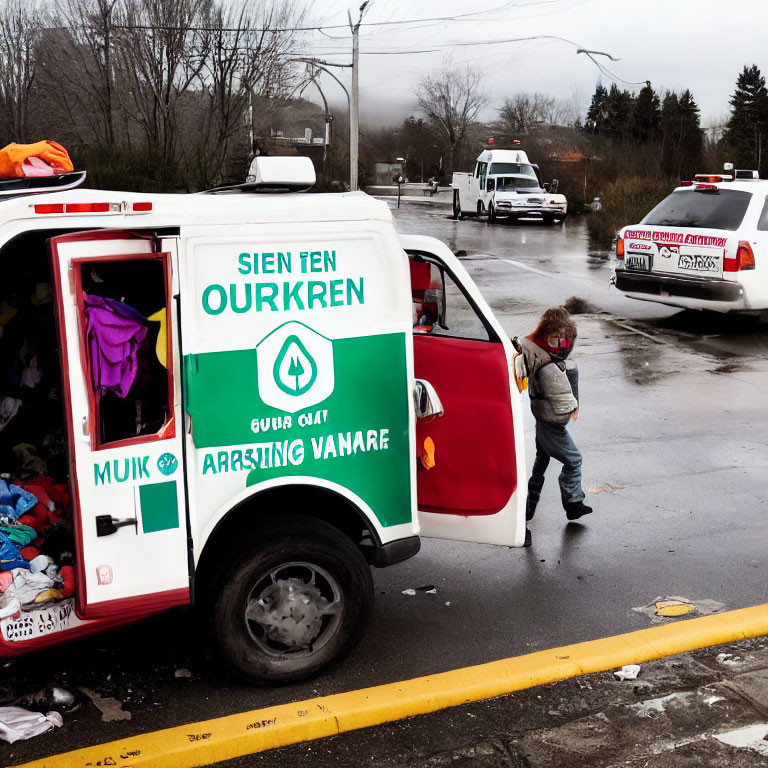 Child standing by cluttered white and red van on damp street.