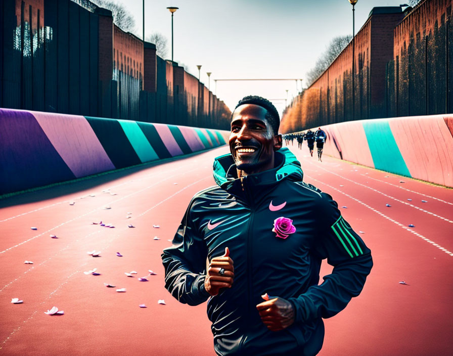 Colorful Track with Jogging Person and Floral Decorations