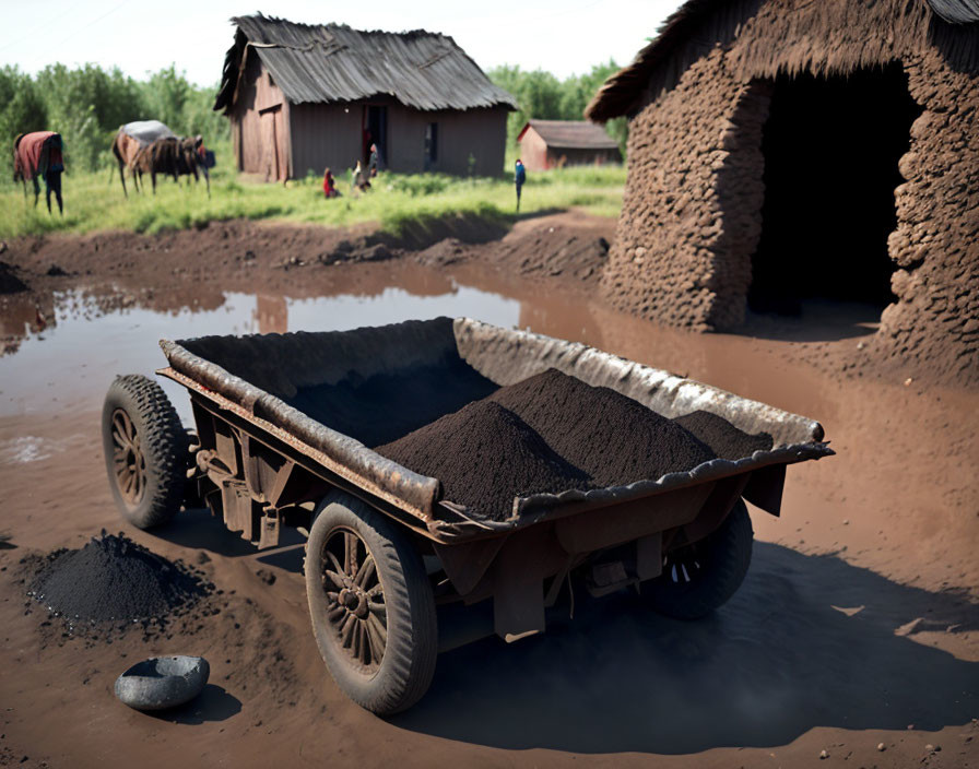 Cart filled with soil in muddy area near traditional mud houses and grazing livestock.