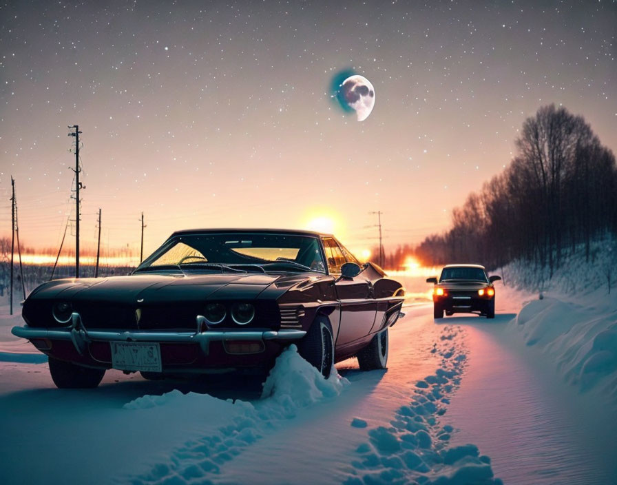 Vintage car on snowy road at twilight with starry sky and crescent moon