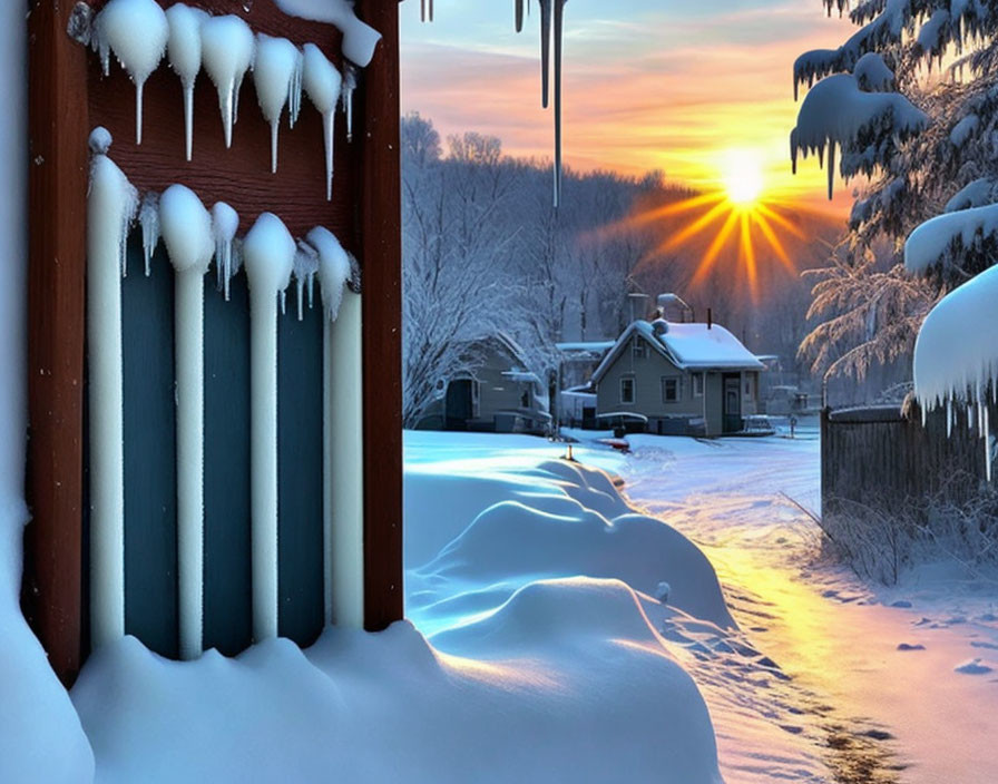 Snow-Covered Landscape with Sunrise and Icicles