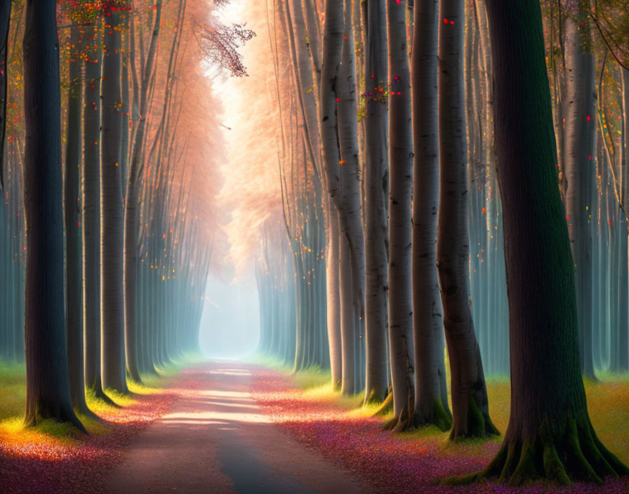 Lush forest pathway with tall trees, green foliage, petals, and sunbeams