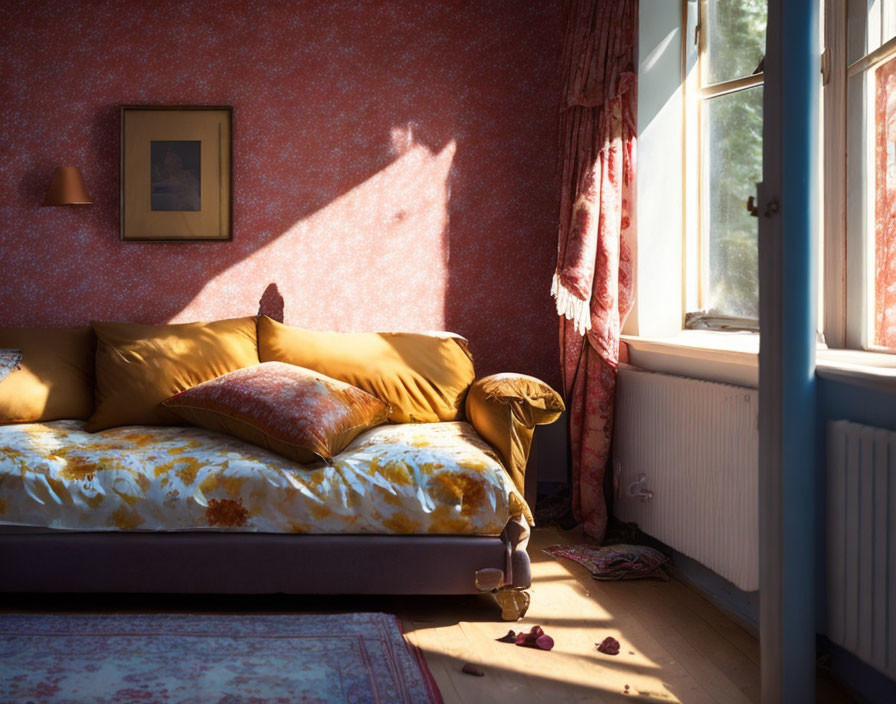 Sunlit Cozy Room with Red Wallpaper and Couch