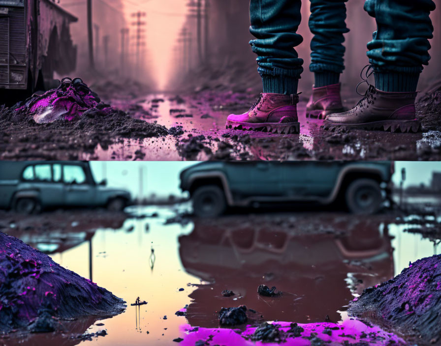 Legs in boots near puddle in dystopian scene with abandoned vehicles