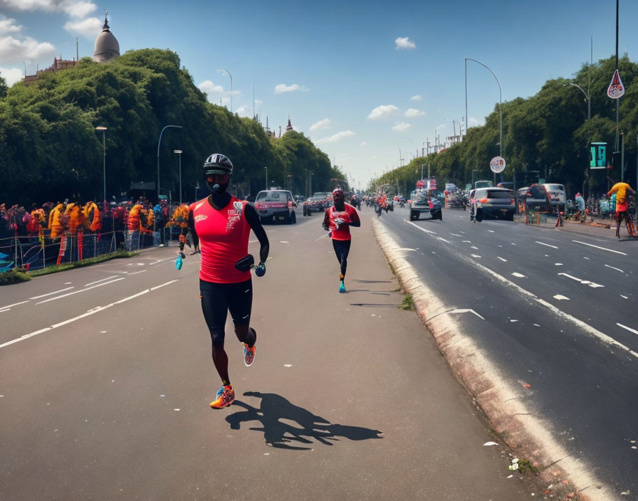 Marathon runner in black and red attire with sunglasses and headphones on city street.