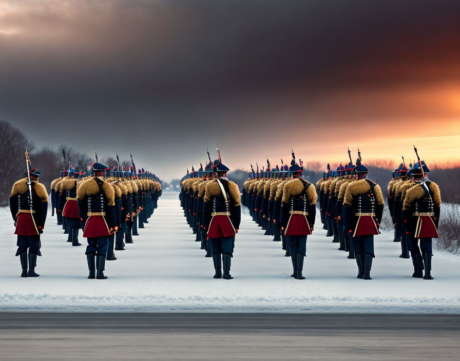 Ceremonial Guards in Bearskin Hats Marching on Snowy Road