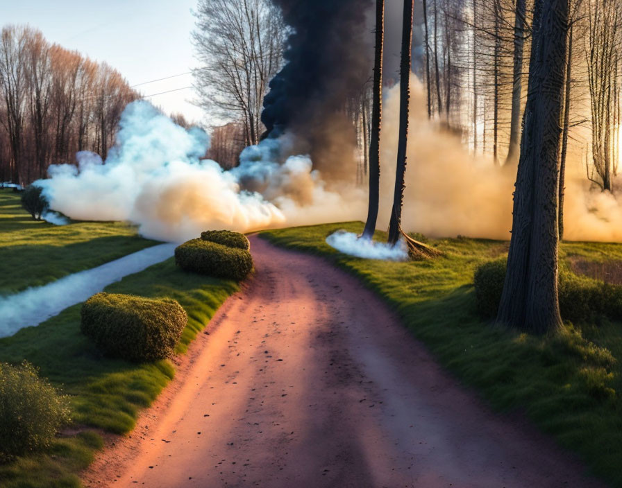 Winding dirt path surrounded by trees and smoke at dusk