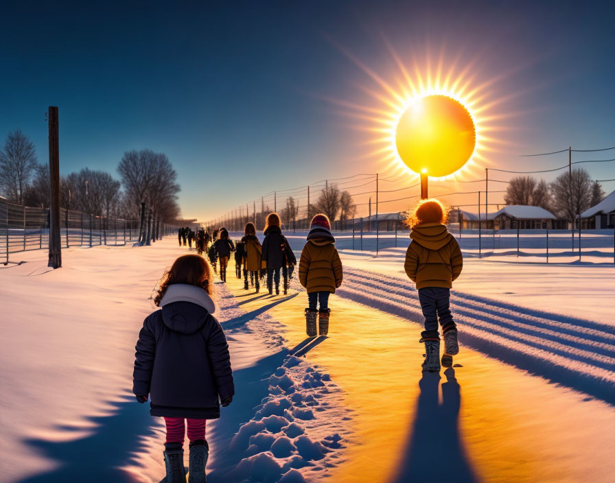 Children walking in snow at sunset with long shadows.