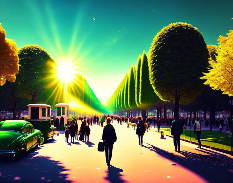 Illustration of tree-lined street at sunset with people, vintage car, and tram under radiant sun.