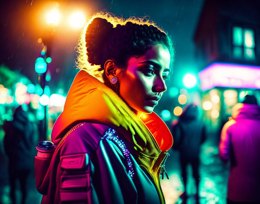 Neon-lit woman with braided hair in urban street at night