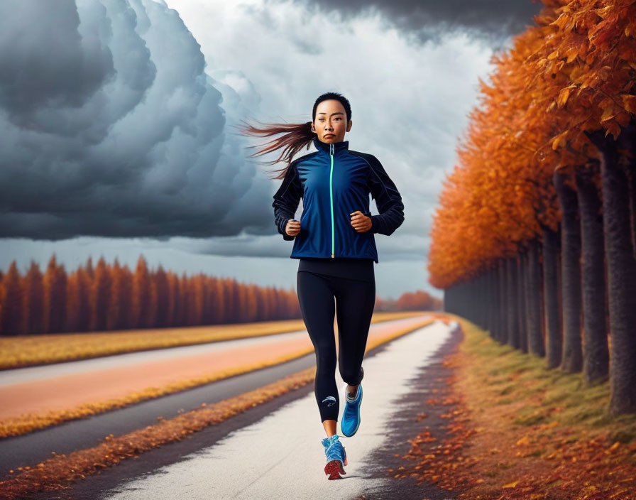 Woman Jogging on Autumn Tree-Lined Road under Dramatic Sky