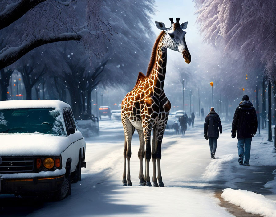 Giraffe in snowy city street with winter trees, people, and cars.