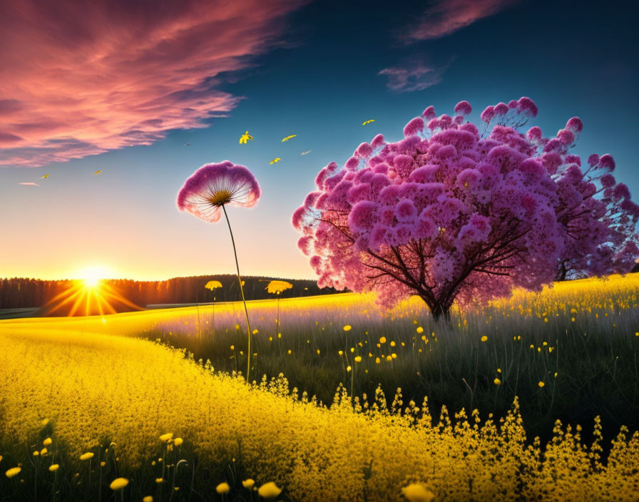 Colorful sunset scene with pink tree, oversized dandelion, yellow flowers, and butterflies