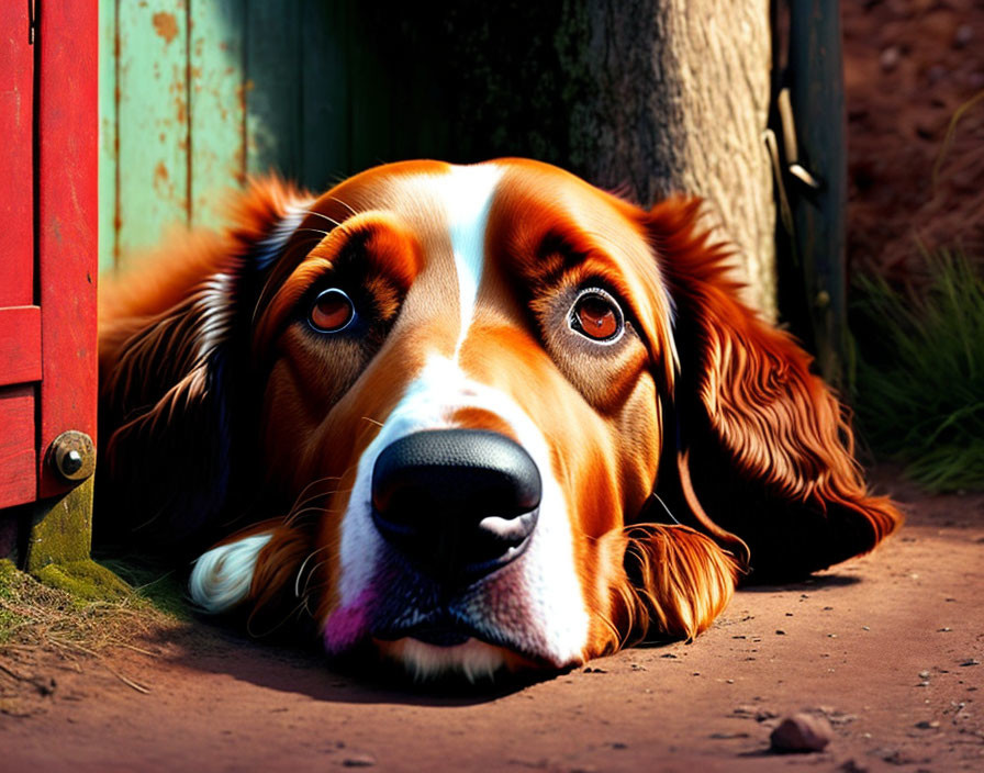 Brown and White Dog with Floppy Ears Peering Curiously Behind Red and Green Structure