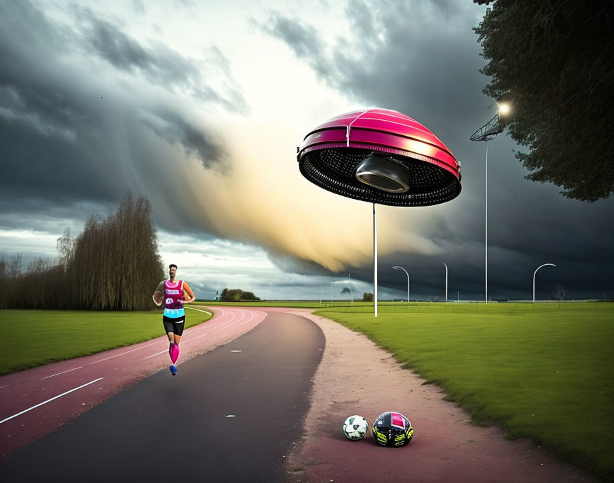 Runner near soccer ball with UFO and stormy sky