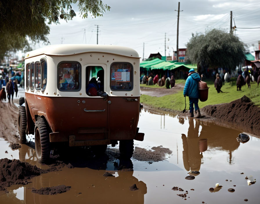 Vintage bus, muddy street, pedestrians, and marketplace scene.