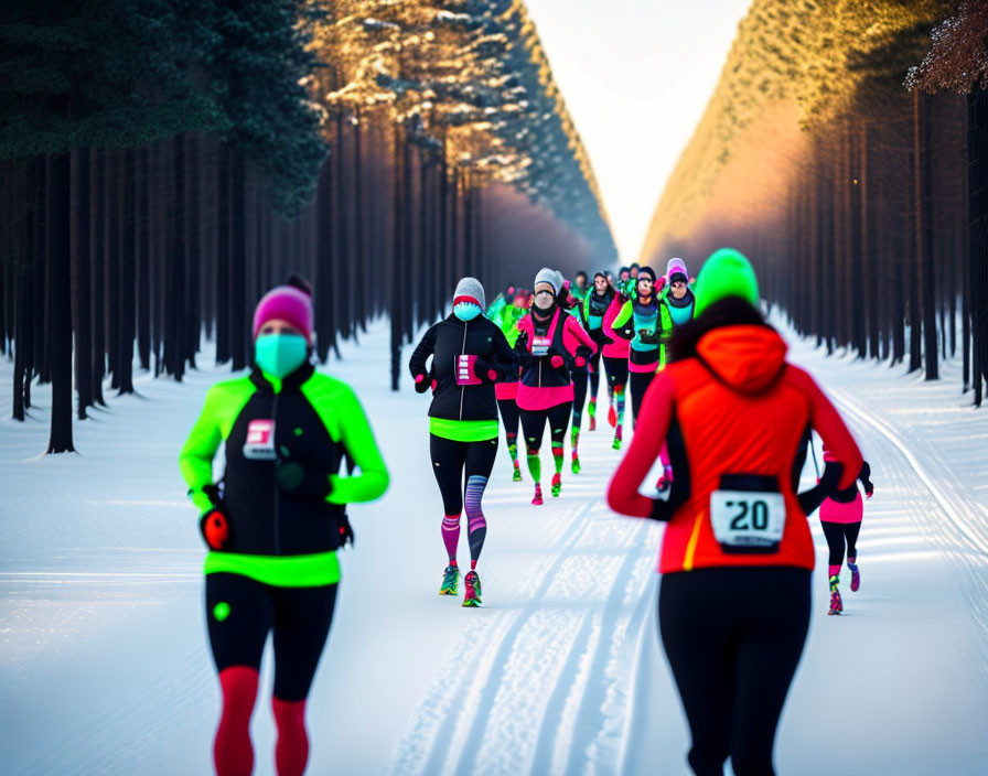 Colorful Runners Racing in Snowy Forest with Long Shadows