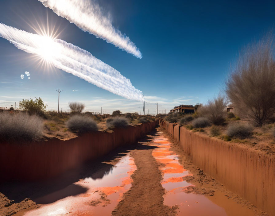 Sunlit water-filled ditch with reddish mud and shrub-lined banks under blue sky