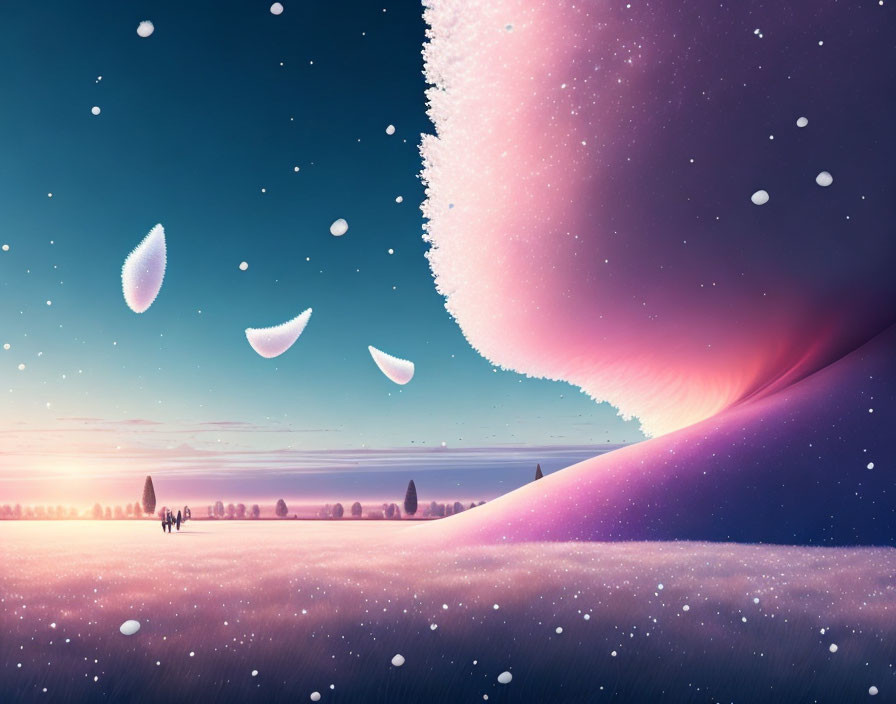 Surreal landscape with purple and pink sky, giant floating leaves, small figures, glowing horizon,