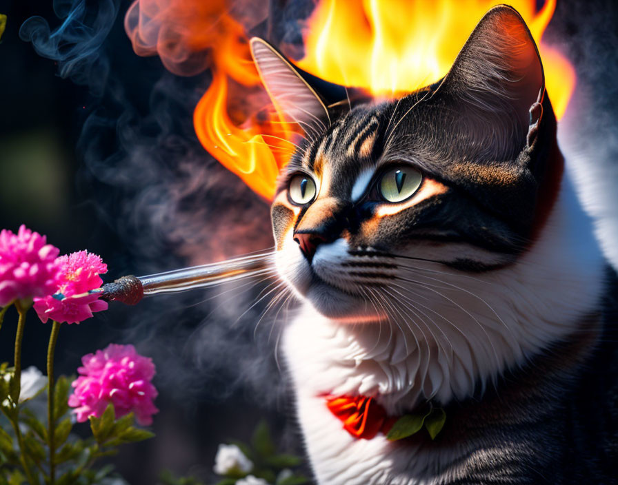 Striking-eyed cat in bow tie with fiery background and smoking object.