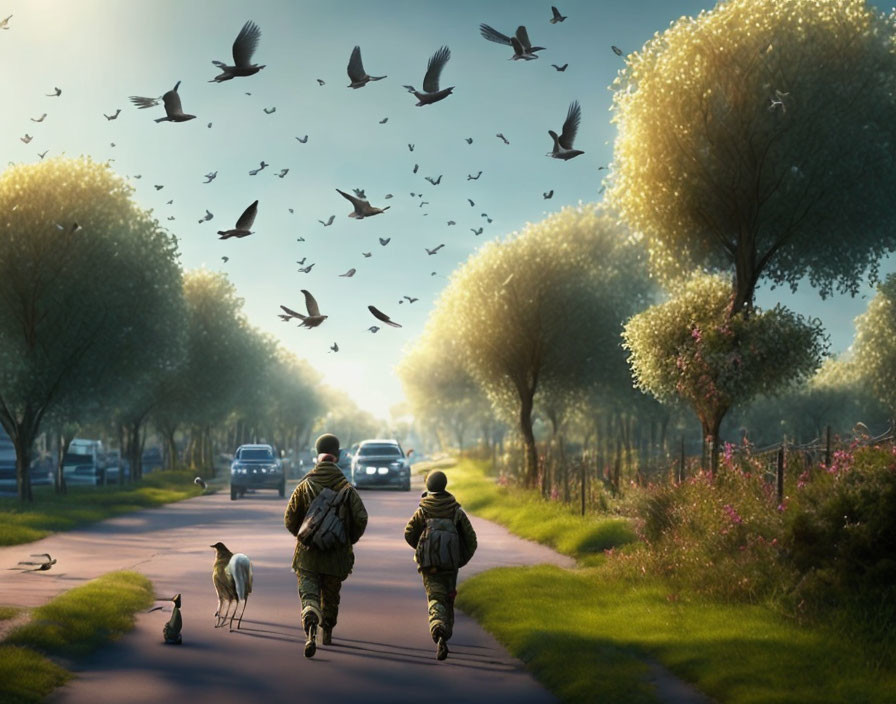 Military individuals walking on tree-lined road with birds and crane.