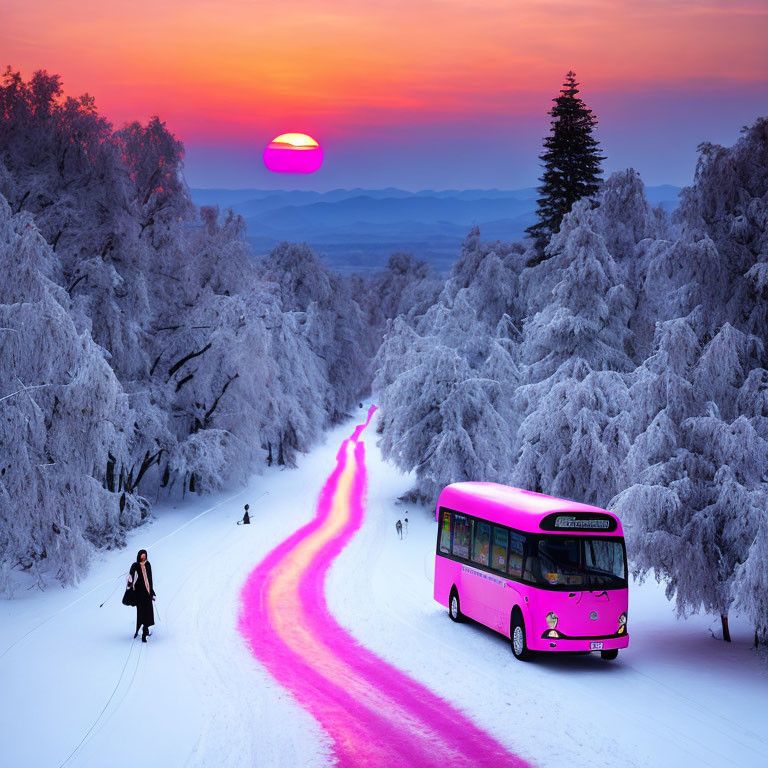 Pink bus on snowy road at sunset with frosty trees