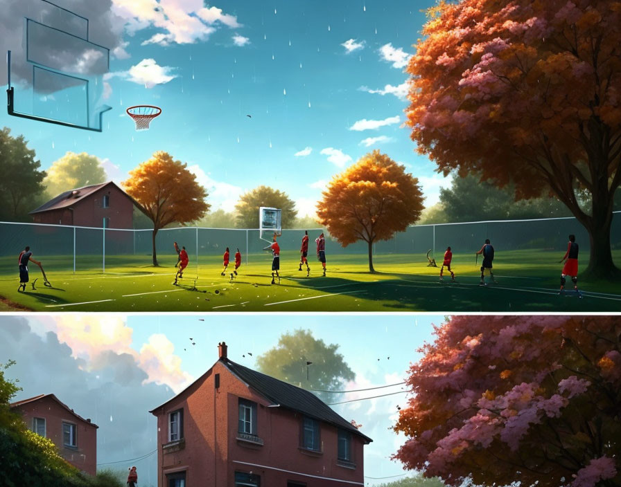 Colorful kids soccer scene with floating island above house