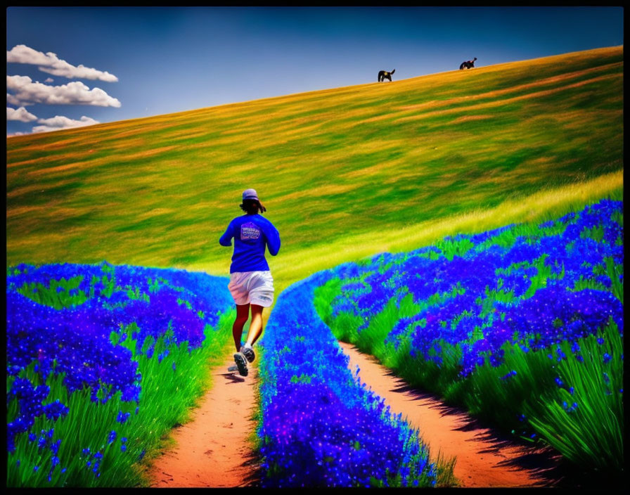 Person jogging through vibrant blue flower fields and green hills under a blue sky.