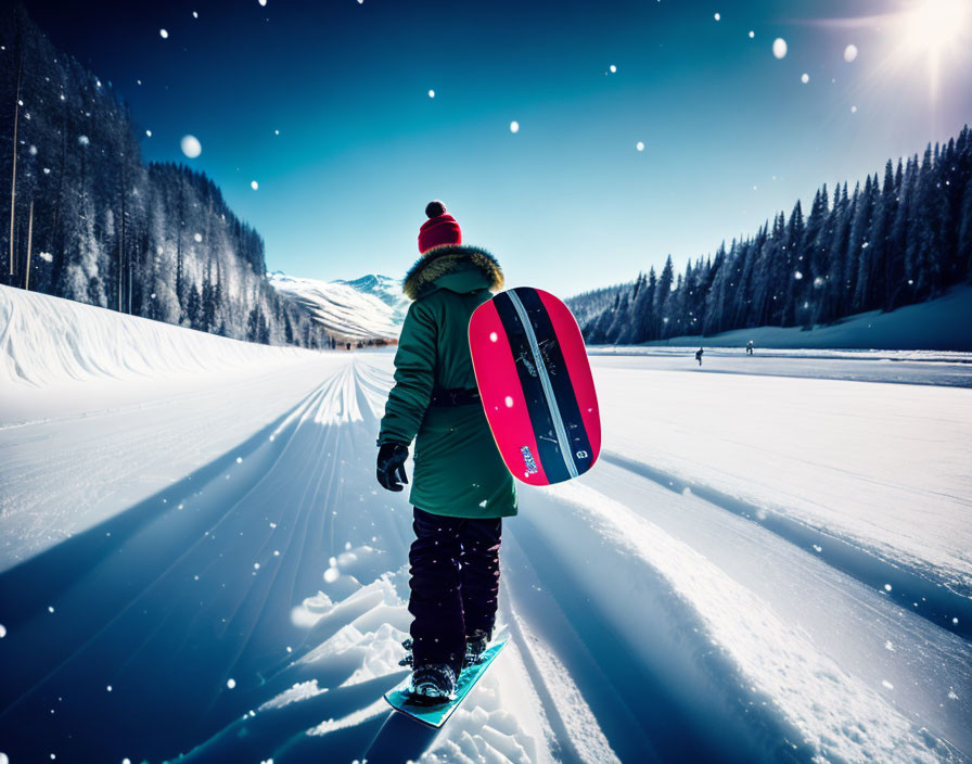 Snowboarder in Fresh Snow Under Clear Blue Skies