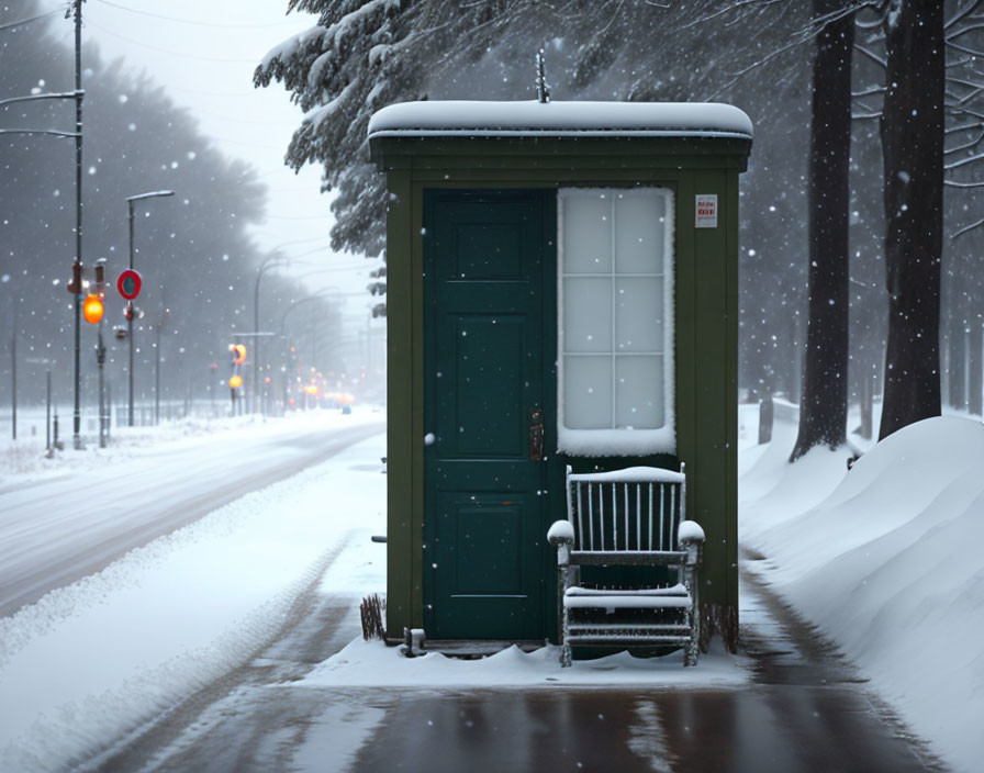 Small Green Cabin in Snowy Urban Setting with Traffic Lights