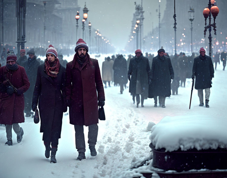 Snow-covered Street with People in Heavy Winter Clothing on Cold Overcast Day